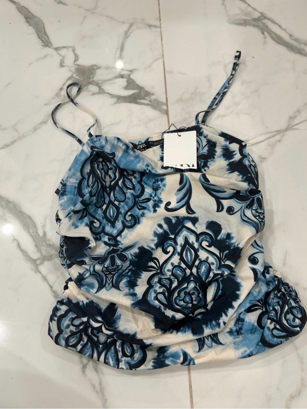 Zara Blue and White Printed Cowl-Neck Camisole